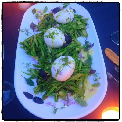 Shaved Asparagus with Burrata & Sorrel Aioli served Family Style from Black Eyed Suzie's Café and Catering Saugerties NY