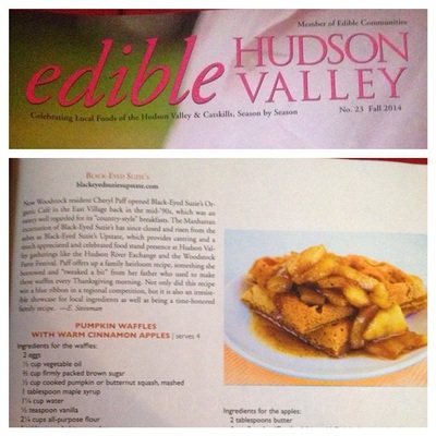 Our recipe for Pumpkin Waffles with Warm Cinnamon Apples in the Fall  '14 issue of Edible Hudson Valley featuring Black Eyed Suzie's Café and Catering Saugerties NY