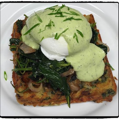 Hash Brown Waffle with Sautéed Baby Kale, Poached Egg & Avocado Ranch from Black Eyed Suzie's Café and Catering Saugerties NY