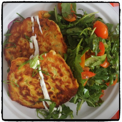 Sweet Corn Fritters with Cilantro Crema & Arugula-Sungold Salad from Black Eyed Suzie's Café and Catering Saugerties NY