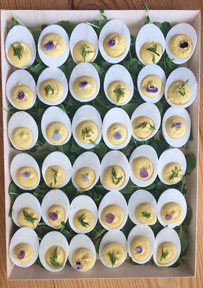 Hudson Valley caterer Black Eyed Suzie's deviled eggs with fresh herbs and aleppo salt.