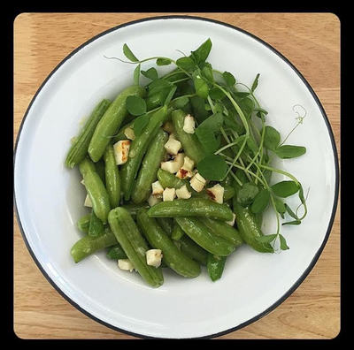 Sugar Snap Peas with Grilled Halloumi Lemon & Pea Shoots from Black Eyed Suzie's Café and Catering Saugerties NY